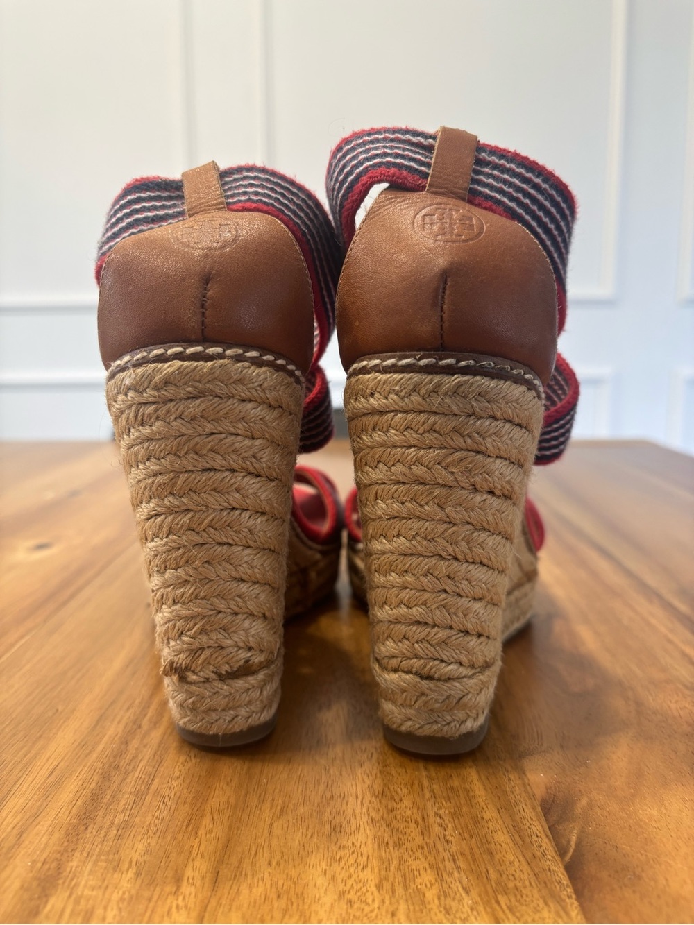 Tory Burch Red Canvas Espadrille Wedge Sandals with Navy & White Straps - Picture 3 of 5